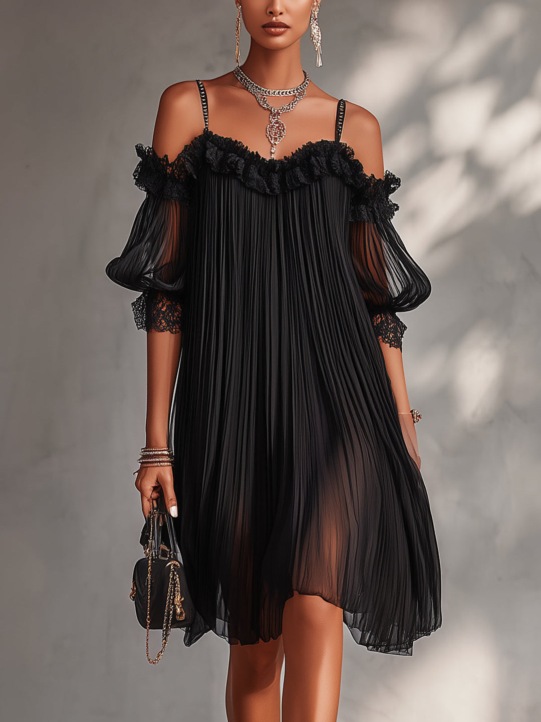Livia | Black Chiffon Mini Dress with Off-the-Shoulder and Lace Trim
