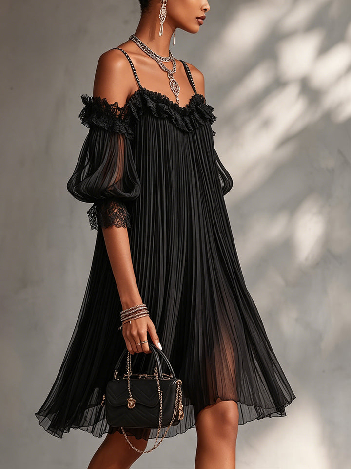 Livia | Black Chiffon Mini Dress with Off-the-Shoulder and Lace Trim