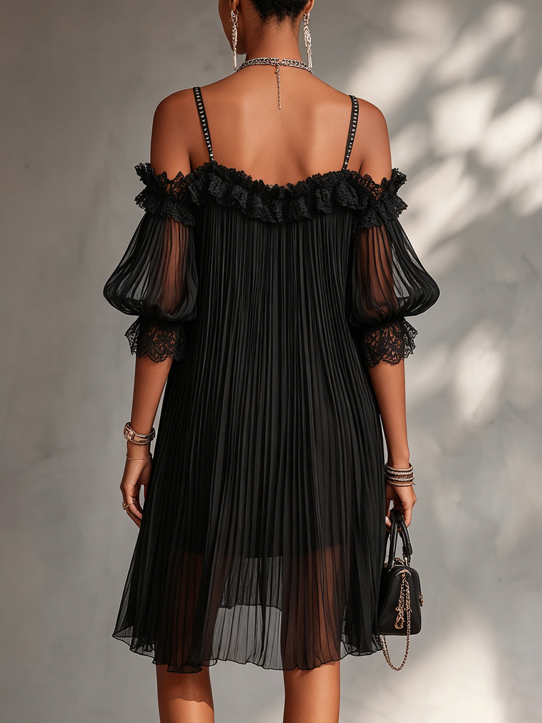 Livia | Black Chiffon Mini Dress with Off-the-Shoulder and Lace Trim