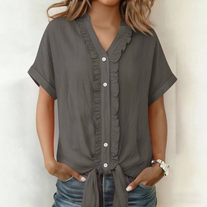 Kalyxa Women's Summer V-Neck Short Sleeve Knotted Cotton Shirt