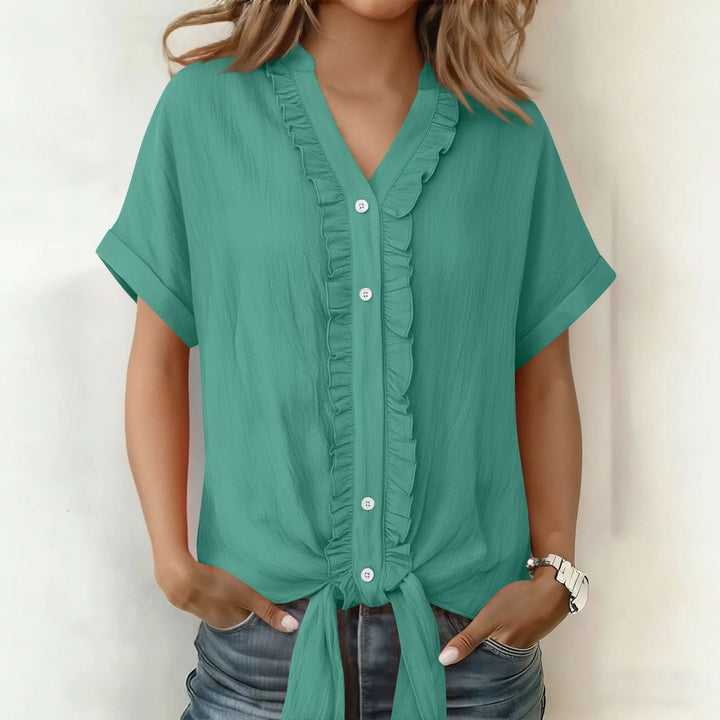 Kalyxa Women's Summer V-Neck Short Sleeve Knotted Cotton Shirt