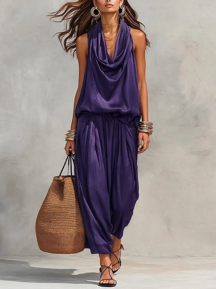 Qyraxa - Elegant Two-Piece Women's Set in Fluid Polyester for Summer Evenings