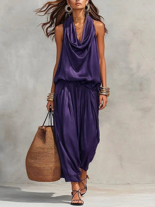 Qyraxa - Elegant Two-Piece Women's Set in Fluid Polyester for Summer Evenings