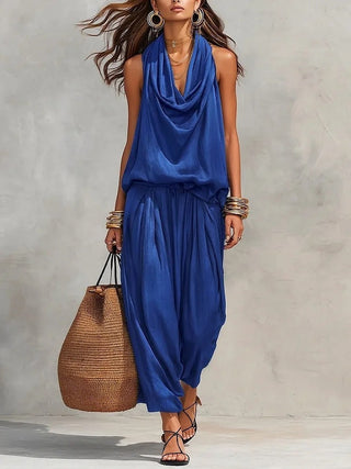 Qyraxa - Elegant Two-Piece Women's Set in Fluid Polyester for Summer Evenings