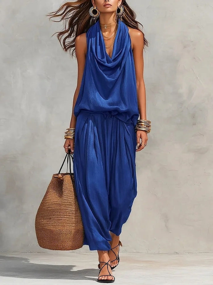 Qyraxa - Elegant Two-Piece Women's Set in Fluid Polyester for Summer Evenings