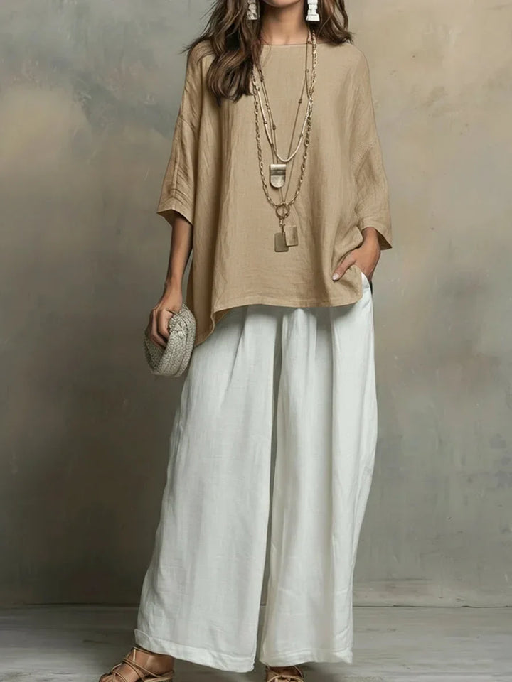Tyvella - Women's Linen Two-Piece Set Loose Fit Fluid Pants