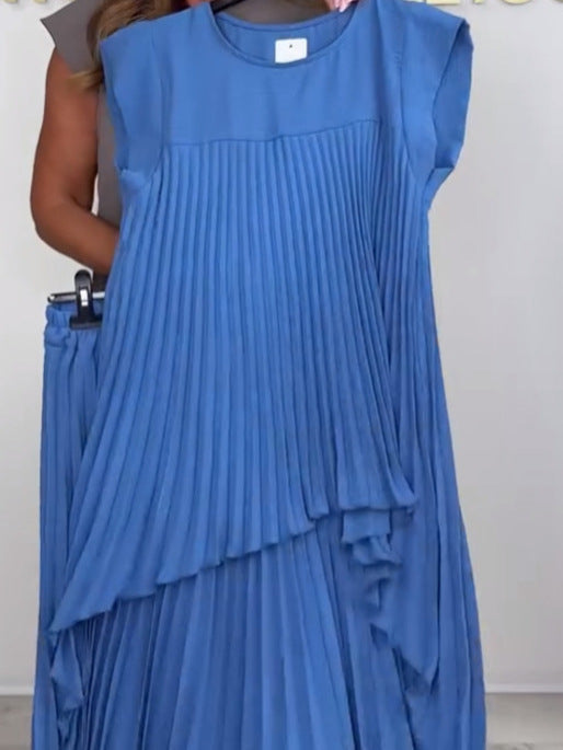 Nelia - Casual Set with Short Sleeve Midi Top and Elastic Waist Wide Leg Pants