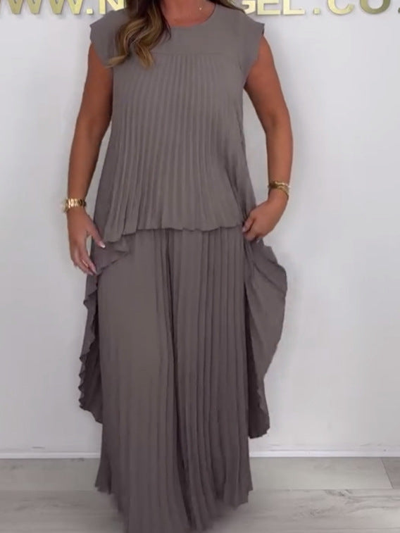 Nelia - Casual Set with Short Sleeve Midi Top and Elastic Waist Wide Leg Pants