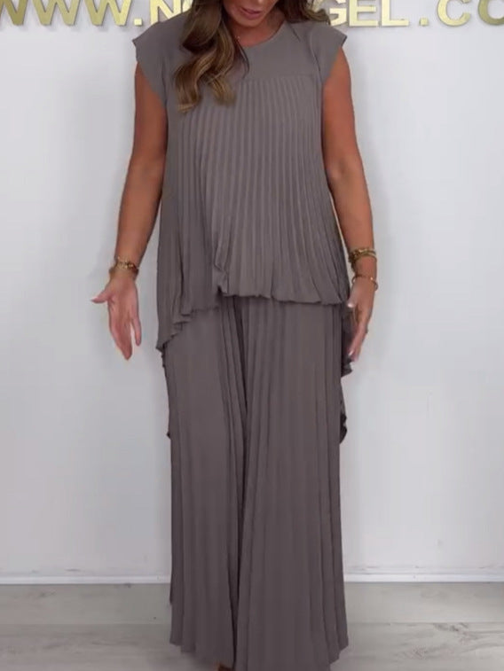Nelia - Casual Set with Short Sleeve Midi Top and Elastic Waist Wide Leg Pants