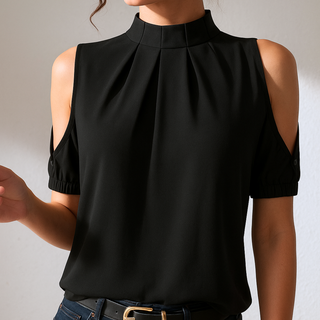 Evelia - Black Pleated Blouse Featuring Split Sleeves