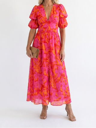 Willow | Floral V Neck Puff Sleeve Midi Dress