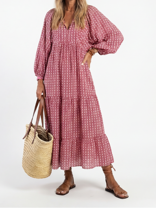 Arlette | Geometric Print Long Sleeve Midi Dress