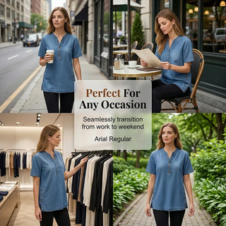 Kynessa - Women's Short Sleeve V-Neck Lightweight Denim Tunic