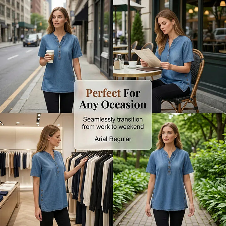 Kynessa - Women's Short Sleeve V-Neck Lightweight Denim Tunic