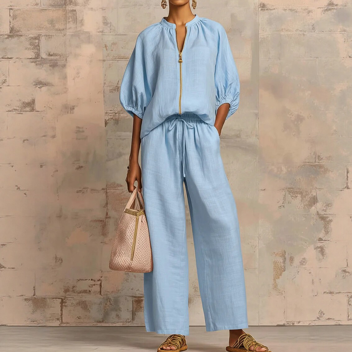 Calyndra - Women's Two-Piece Solid Outfit with Zipped Top and Wide Pants