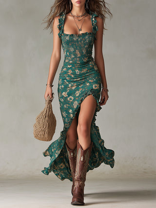 Maya™ | Boho Retro Ruffled Sleeves High Slit Maxi Dress