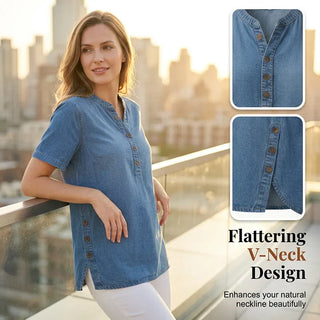 Kynessa - Women's Short Sleeve V-Neck Lightweight Denim Tunic