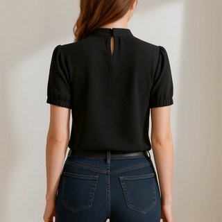 Evelia - Black Pleated Blouse Featuring Split Sleeves