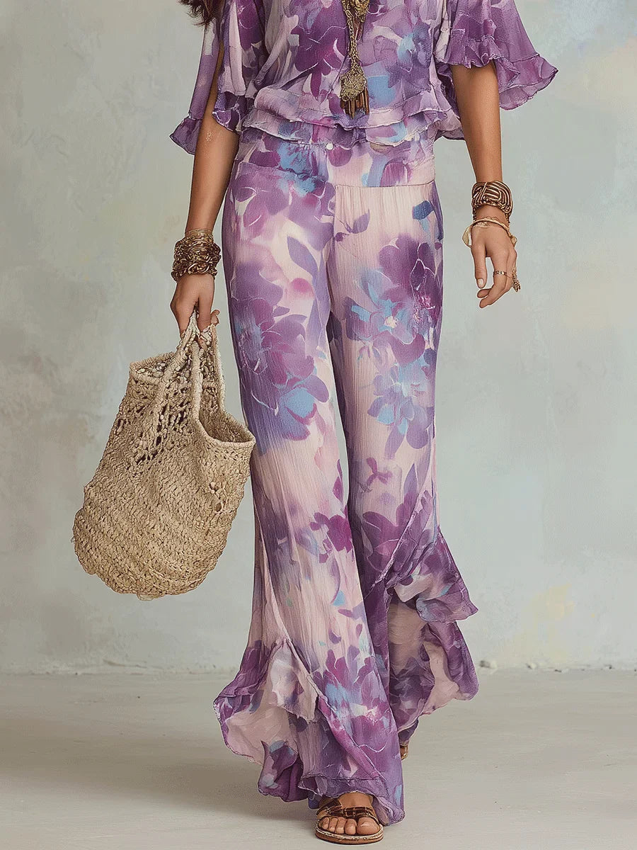 Brynora - Women's Two-Piece Floral V-Neck Top and Flared Ruffle Pants