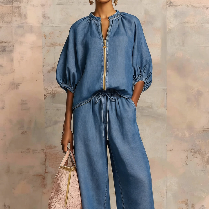 Calyndra - Women's Two-Piece Solid Outfit with Zipped Top and Wide Pants