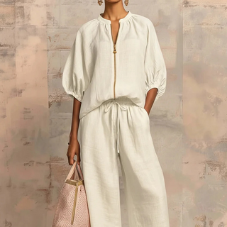 Calyndra - Women's Two-Piece Solid Outfit with Zipped Top and Wide Pants
