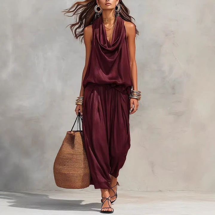 Qyraxa - Elegant Two-Piece Women's Set in Fluid Polyester for Summer Evenings