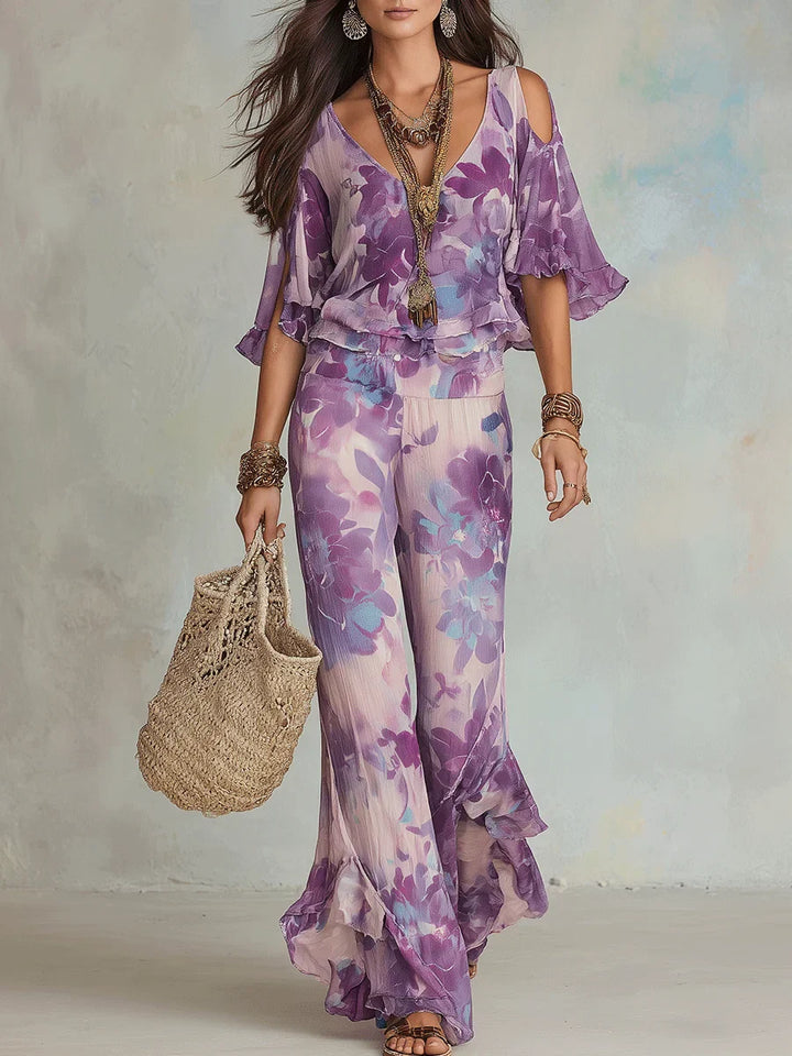Brynora - Women's Two-Piece Floral V-Neck Top and Flared Ruffle Pants