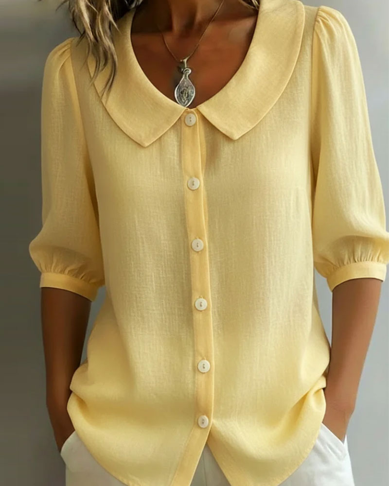 Neslora - Women's Cotton Blouse with Stylish Peter Pan Collar and Three-Quarter Sleeves