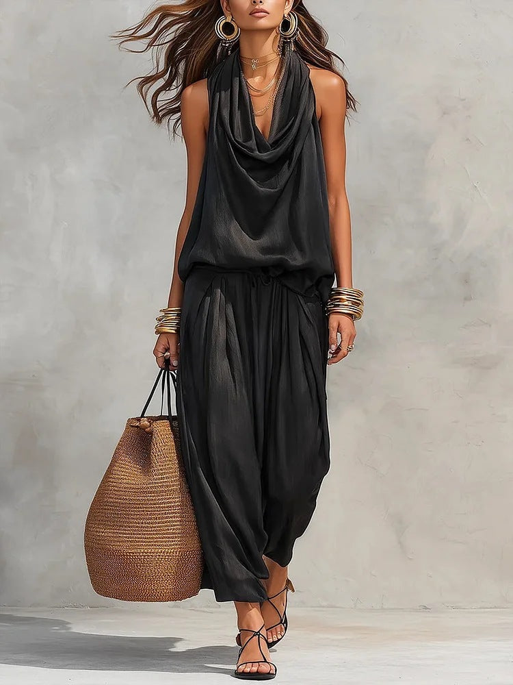 Qyraxa - Elegant Two-Piece Women's Set in Fluid Polyester for Summer Evenings