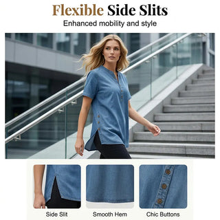 Kynessa - Women's Short Sleeve V-Neck Lightweight Denim Tunic