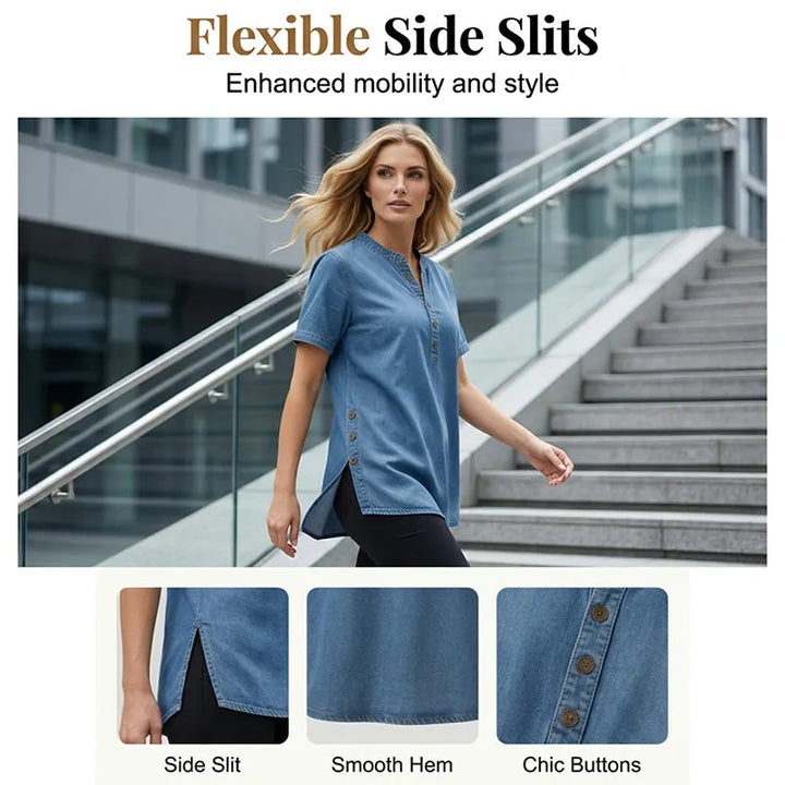 Kynessa - Women's Short Sleeve V-Neck Lightweight Denim Tunic