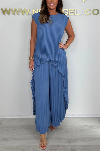 Nelia - Casual Set with Short Sleeve Midi Top and Elastic Waist Wide Leg Pants