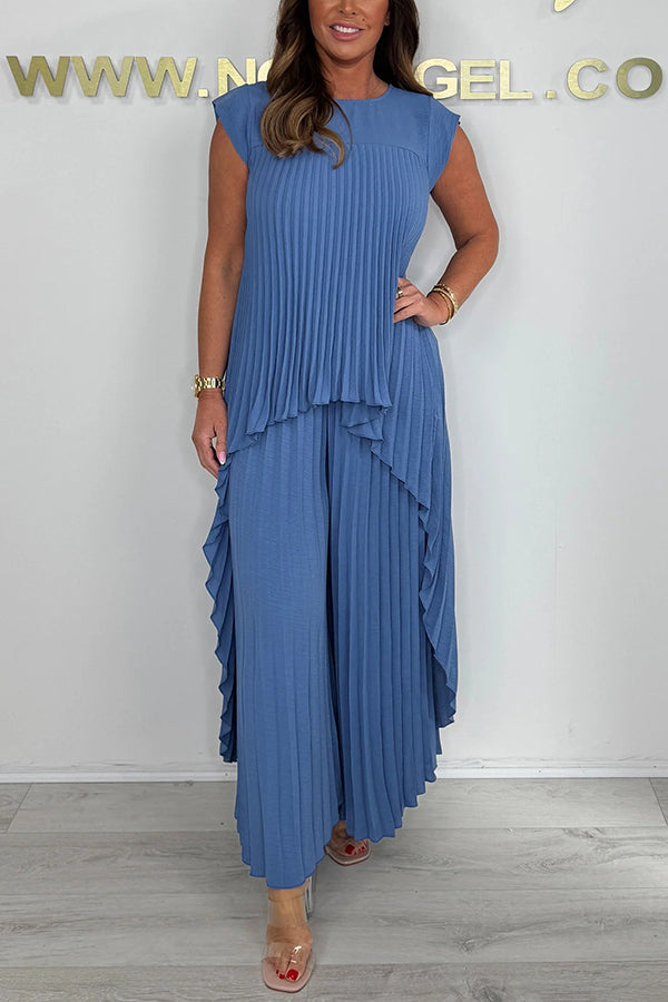 Nelia - Casual Set with Short Sleeve Midi Top and Elastic Waist Wide Leg Pants