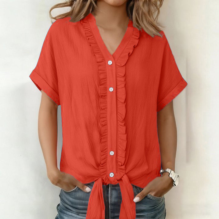 Kalyxa Women's Summer V-Neck Short Sleeve Knotted Cotton Shirt
