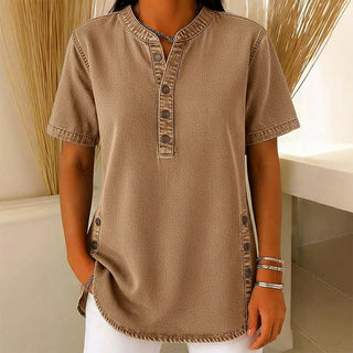 Kynessa - Women's Short Sleeve V-Neck Lightweight Denim Tunic