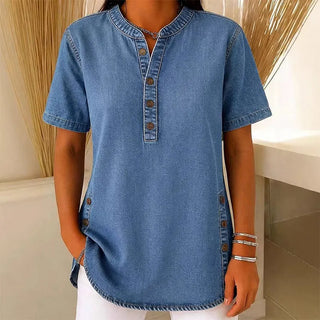 Kynessa - Women's Short Sleeve V-Neck Lightweight Denim Tunic