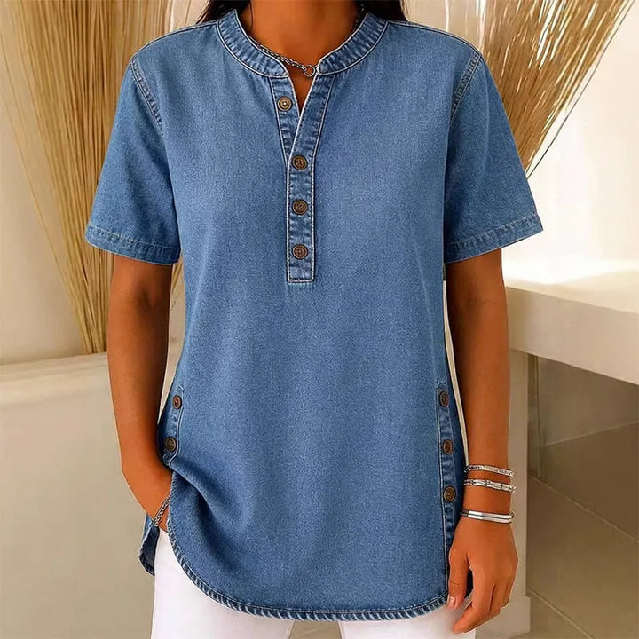 Kynessa - Women's Short Sleeve V-Neck Lightweight Denim Tunic