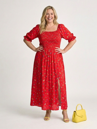 Delphine | Square Neck Floral Puff Sleeve Midi Dress
