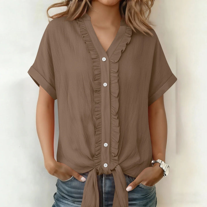 Kalyxa Women's Summer V-Neck Short Sleeve Knotted Cotton Shirt