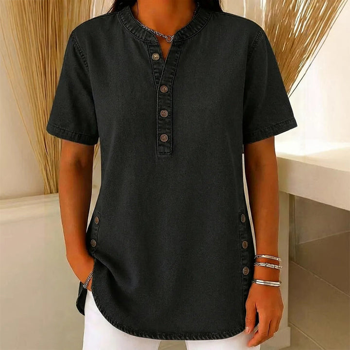 Kynessa - Women's Short Sleeve V-Neck Lightweight Denim Tunic