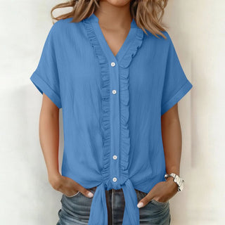 Kalyxa Women's Summer V-Neck Short Sleeve Knotted Cotton Shirt