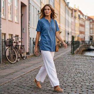Kynessa - Women's Short Sleeve V-Neck Lightweight Denim Tunic