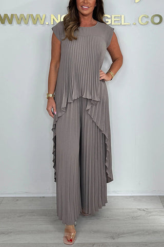Nelia - Casual Set with Short Sleeve Midi Top and Elastic Waist Wide Leg Pants