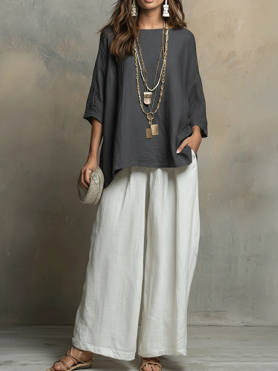 Tyvella - Women's Linen Two-Piece Set Loose Fit Fluid Pants