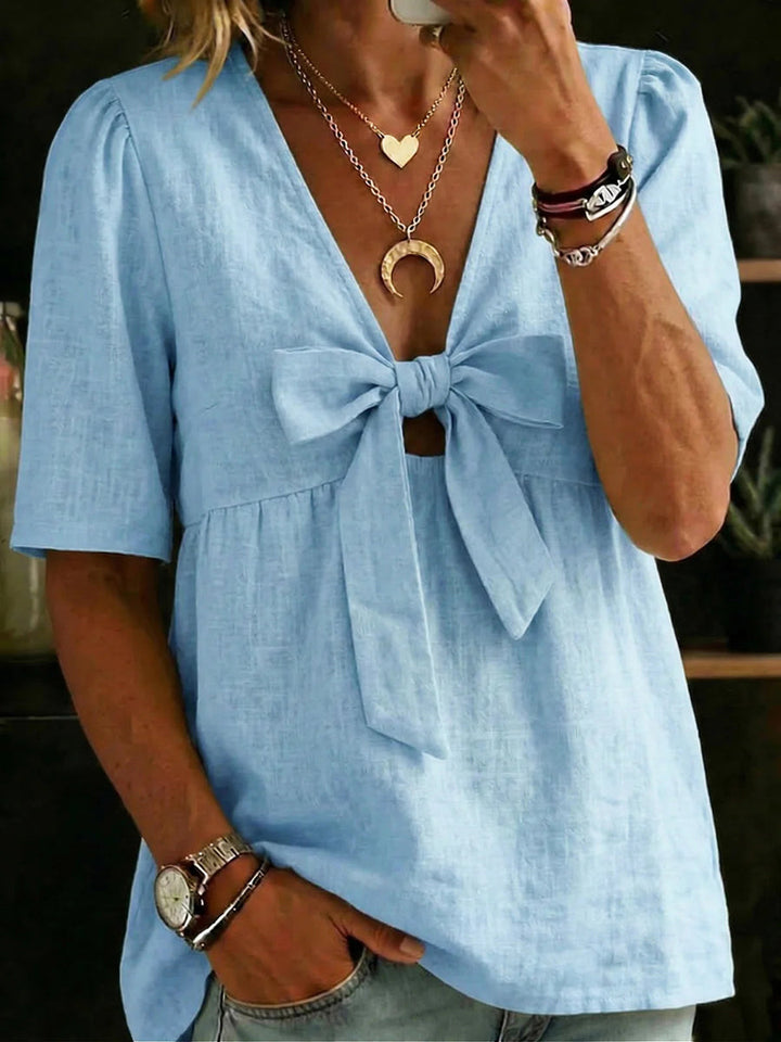 Avenya - Women's V-Neck Cotton and Linen Knot Shirt