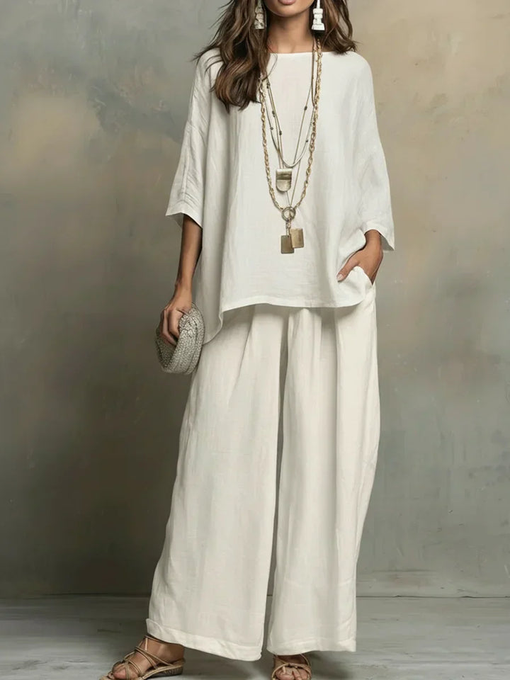 Tyvella - Women's Linen Two-Piece Set Loose Fit Fluid Pants