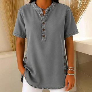Kynessa - Women's Short Sleeve V-Neck Lightweight Denim Tunic