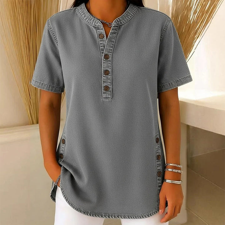 Kynessa - Women's Short Sleeve V-Neck Lightweight Denim Tunic