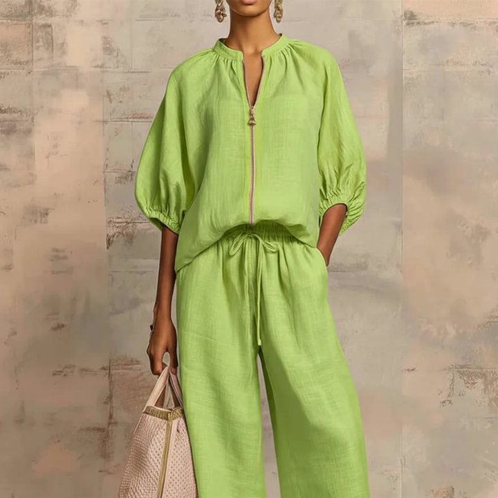 Calyndra - Women's Two-Piece Solid Outfit with Zipped Top and Wide Pants