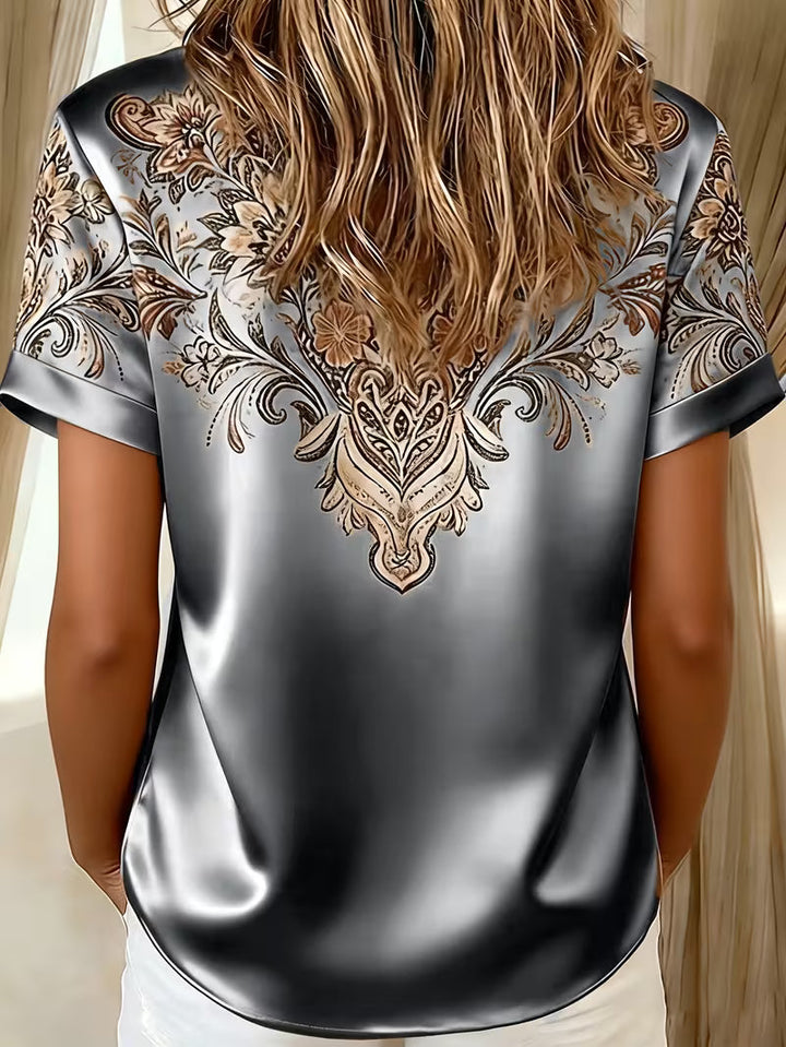 Quinessa - Women's Floral Print Satin Button-Up Shirt
